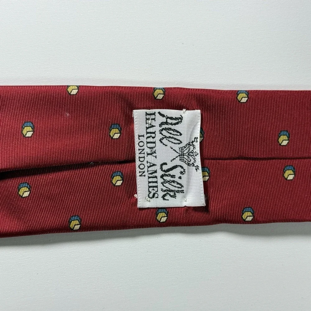 100% Silk Vintage red ribbed necktie gold blue and yellow geometric cube pattern